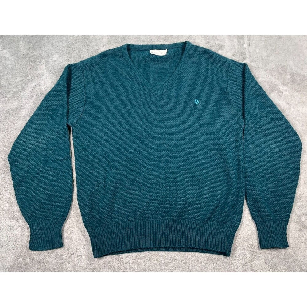 Christian Dior 100% Orlon Acrylic V-Neck Sweater Mens Large Teal USA Vintage